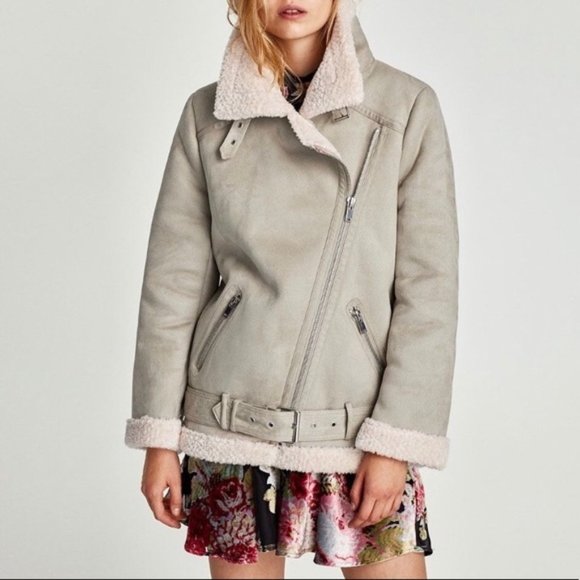 zara fake fur shearling leather biker jacket - Picture 1 of 3